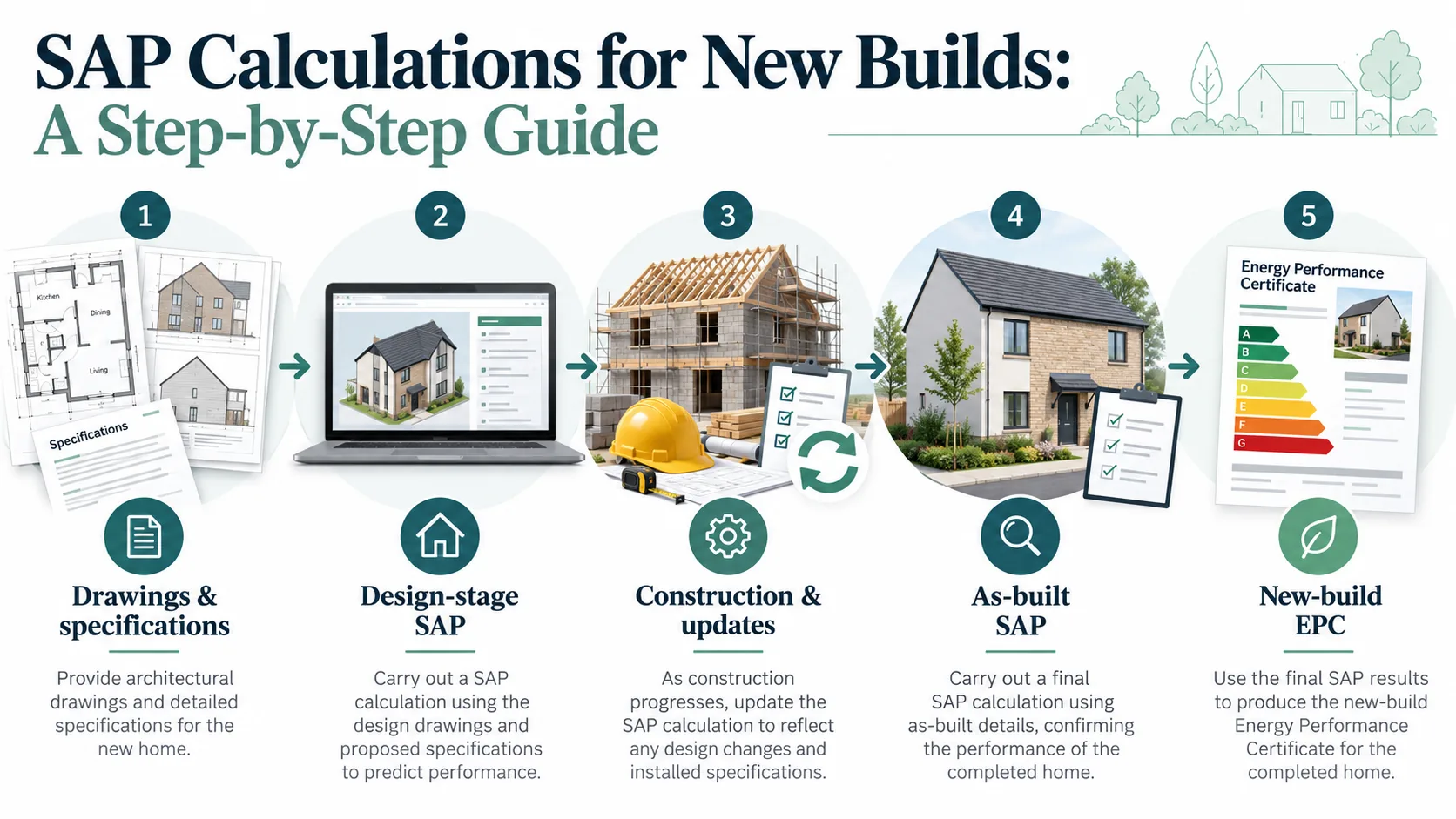 Five-stage new-build SAP assessment process: drawings and specifications, design-stage SAP calculation, construction and specification updates, as-built SAP calculation, and the new-build EPC.