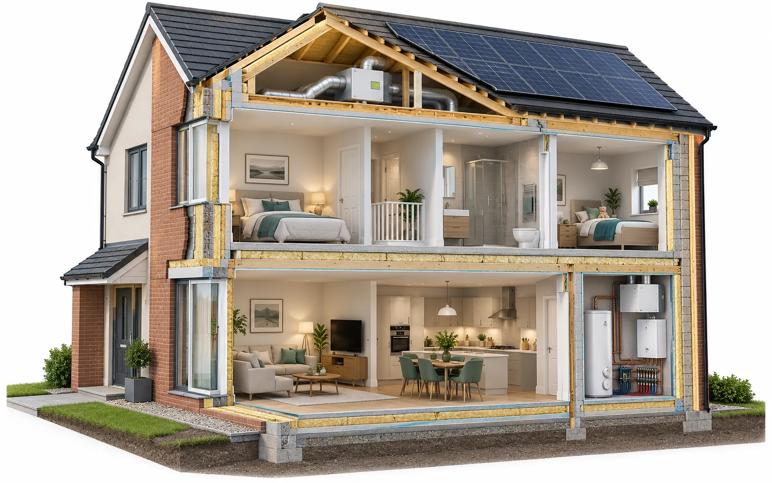 Technical illustration showing the building fabric, glazing and energy systems considered in a SAP calculation.