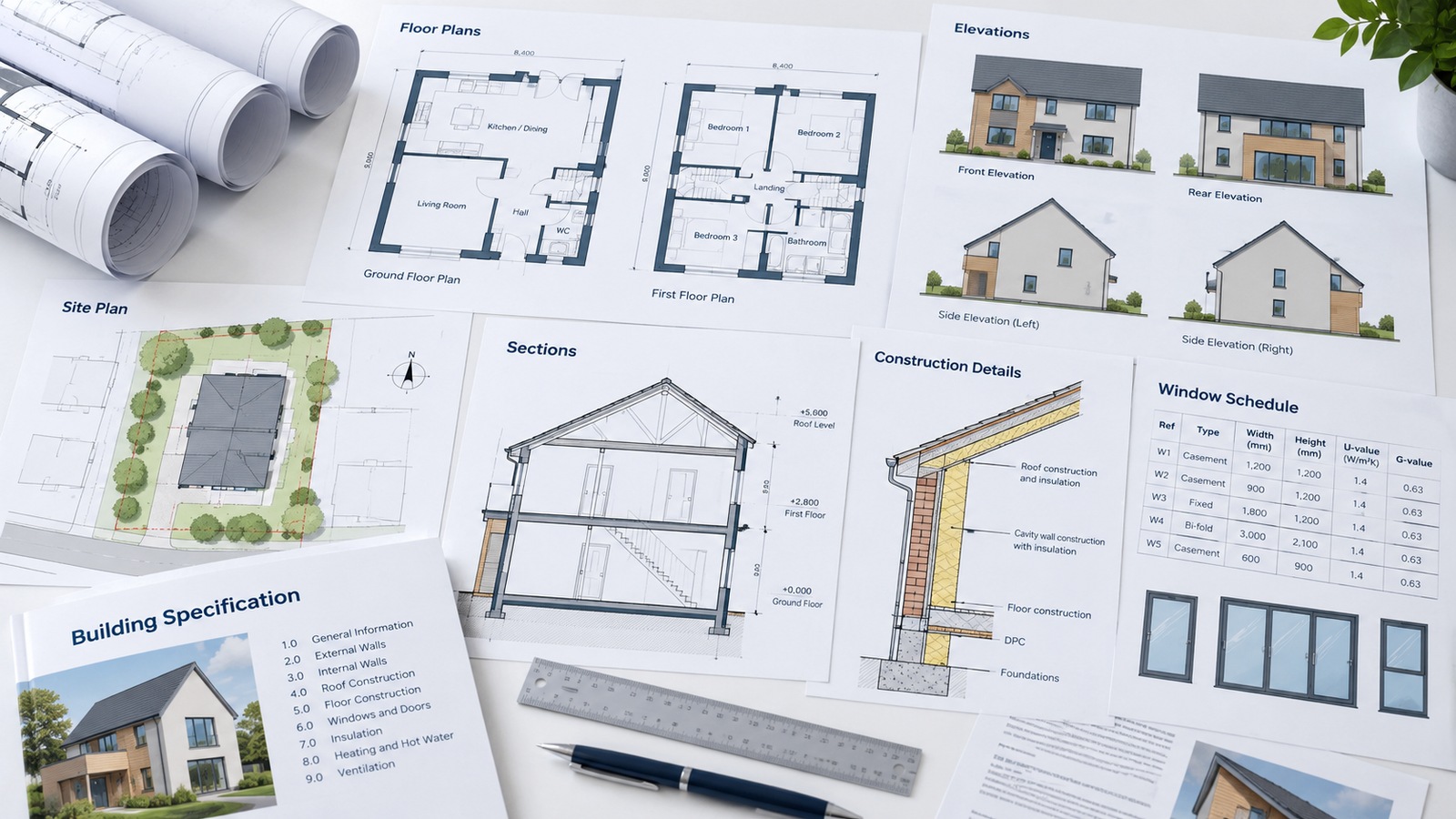 Architectural floor plans, elevations, sections and specifications used for a residential SAP calculation.