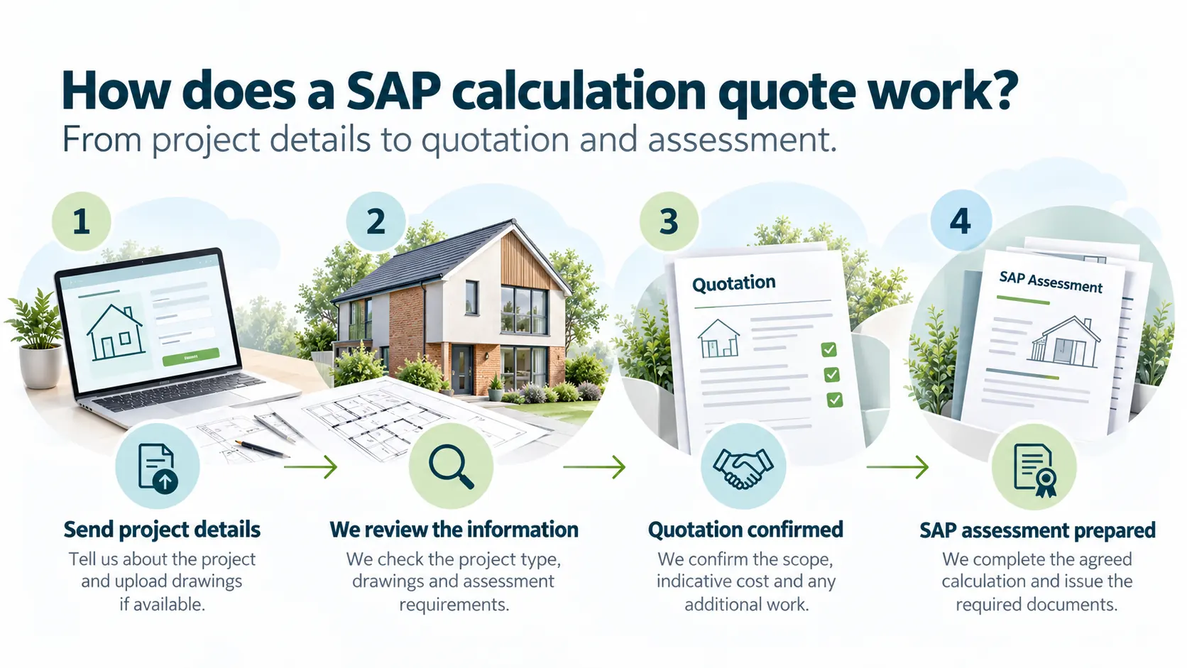 Four-step illustration of how a SAP calculation quote works: send project details, we review the information, quotation confirmed, and SAP assessment prepared.