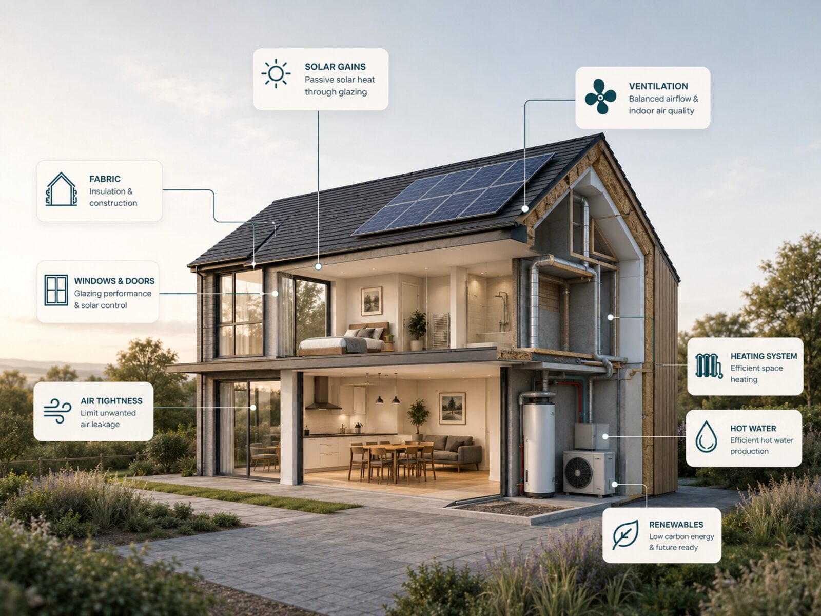 Cutaway illustration of a home showing insulation, glazing and heating