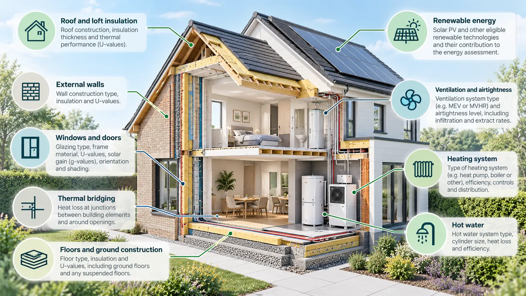 Cutaway illustration of a new-build house showing roof, wall and floor insulation, windows and doors, thermal bridging, ventilation and airtightness, heating, hot water and solar PV assessed in SAP.